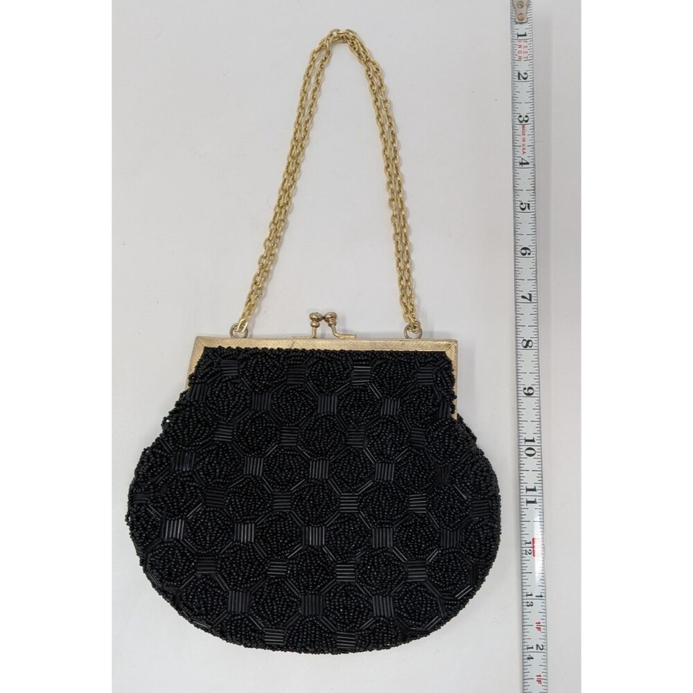 Vintage Black Beaded Evening Bag Handmade Hong Kong Gold Kiss Clasp Old Money - Picture 8 of 9